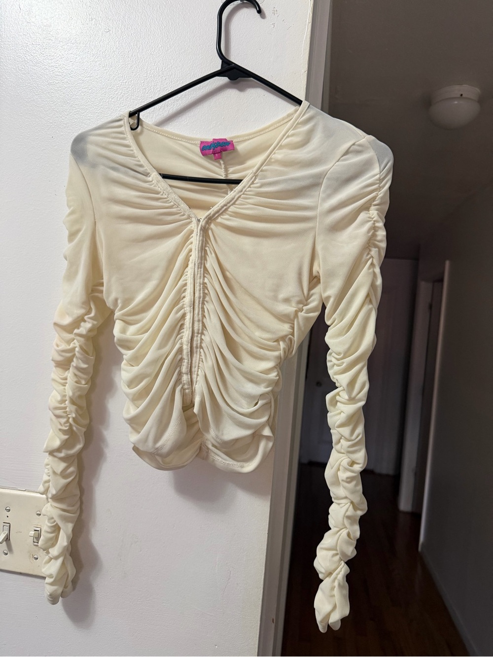 Edikted Cream Ruched Long-Sleeve Crop Top
